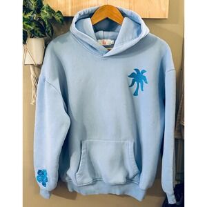 Pink Palm Puff Blue Embroidered Palm Tree Hibiscus Hoodie Sweatshirt Size S